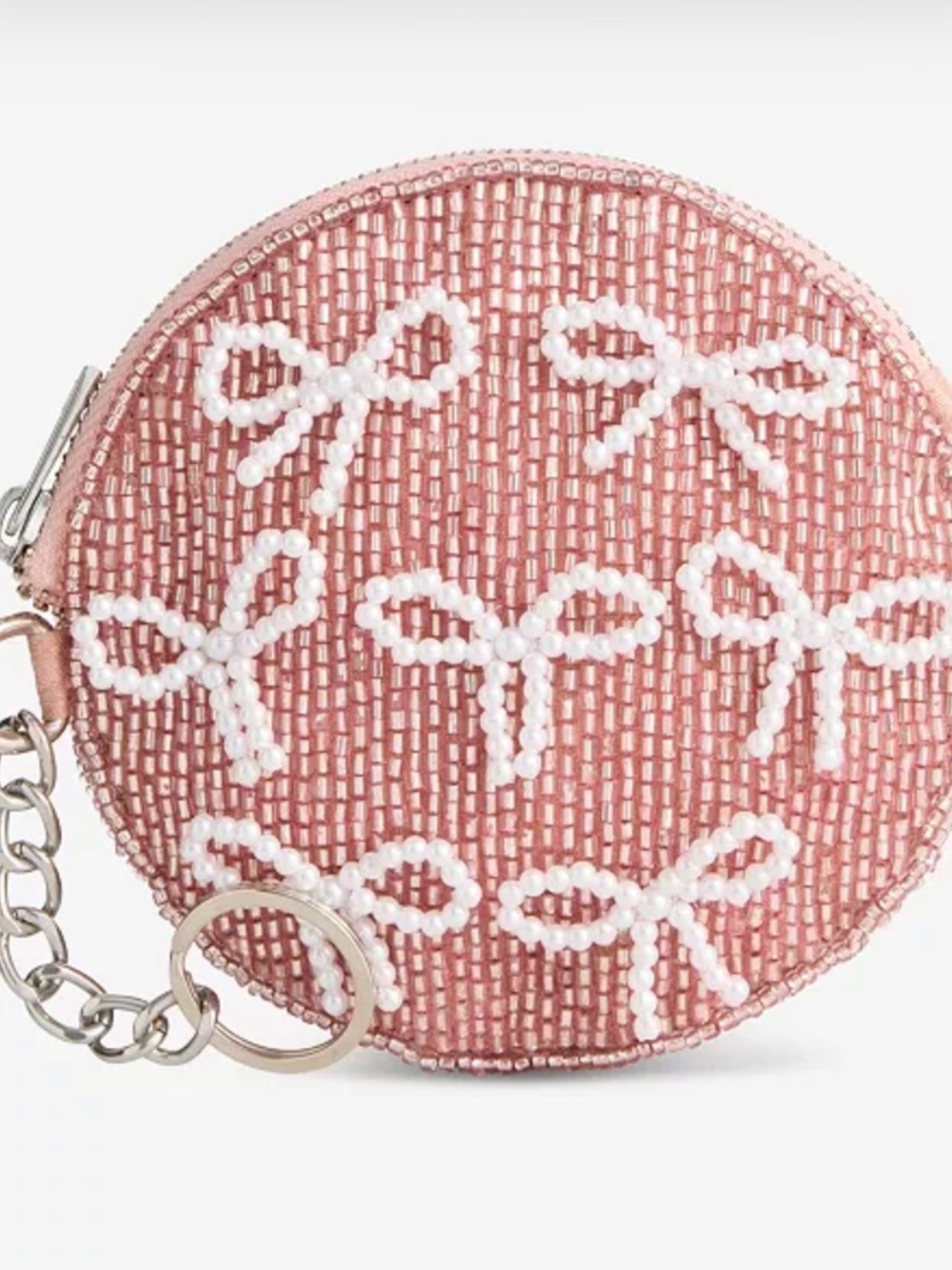 On 34th Hand Beaded Round Pink with White Bows Coin Purse